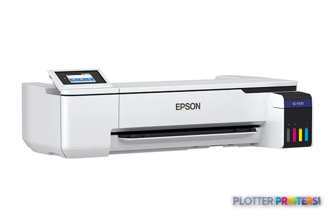 Epson SCF570LA large-format printer product image showing white and black printer with touchscreen display and ink cartridges
