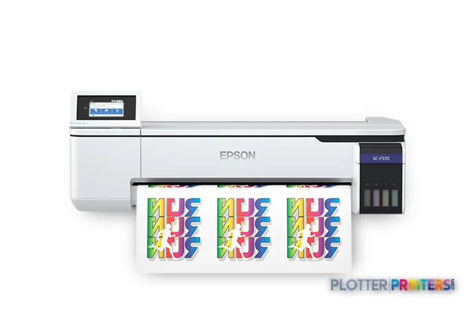 Epson SCF570LA large format printer product image showing white and black dye-sublimation printer with colorful test print