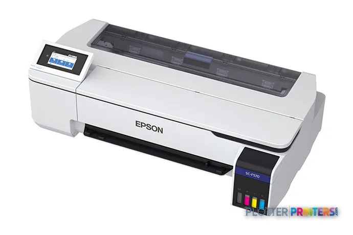 Epson SCF570LA large format printer product image showing white and black dye-sublimation printer with control panel and ink…