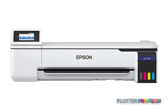 Epson SCF570LA large-format printer product image showing white and black dye-sublimation printer with control panel and ink…