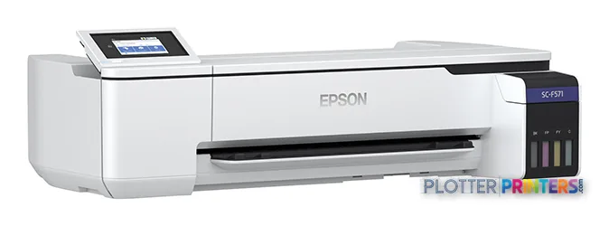 Epson SureColor F571 large-format printer product image showing white and black dye-sublimation printer with touchscreen dis…