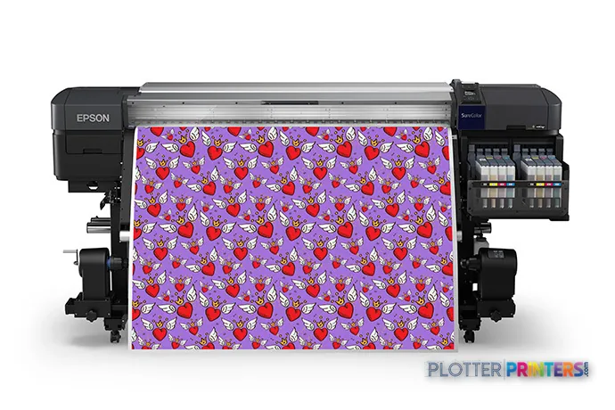 Epson SureColor F9470 large format printer product image showing black inkjet printer with colorful printed output