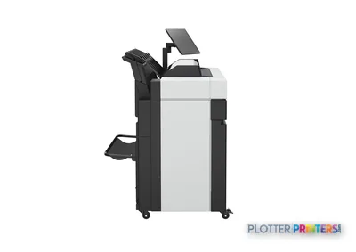 HP DesignJet XL 3800 36-in multifunction printer side view showing black and grey chassis with open top access panel and whe…