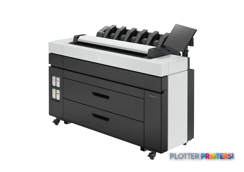 HP DesignJet XL 3800 36-in multifunction printer front-left view showing black and grey body with ink cartridge tower and pa…