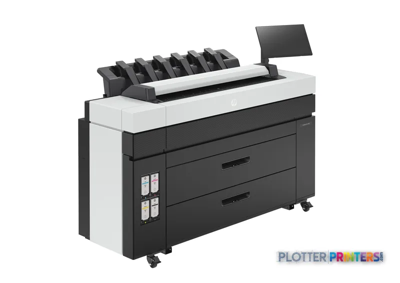 HP DesignJet XL 3800 36-in multifunction printer front-right view showing black and grey body with paper feed system and tou…