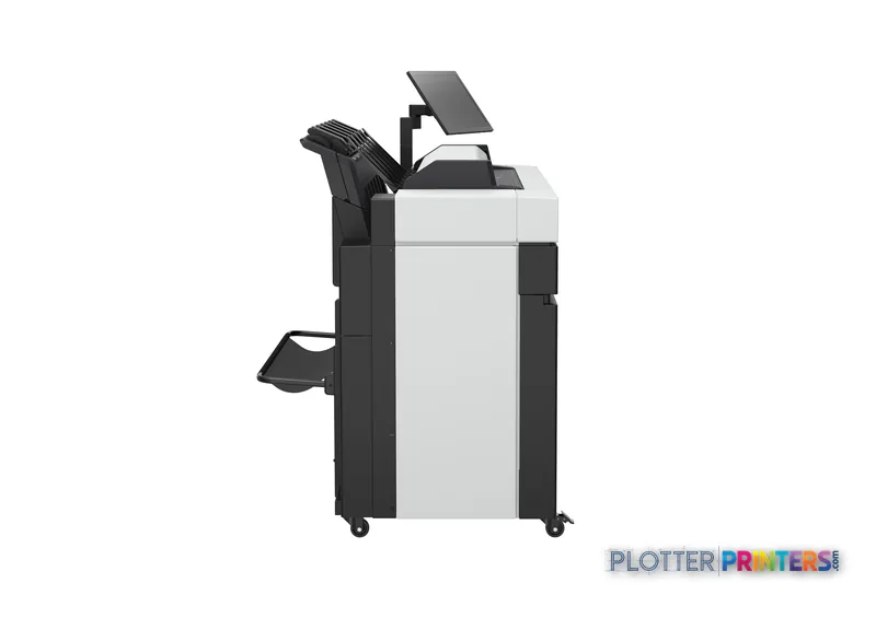 HP DesignJet XL 3800 36-in multifunction printer side view showing black and grey chassis with open top access panel and whe…