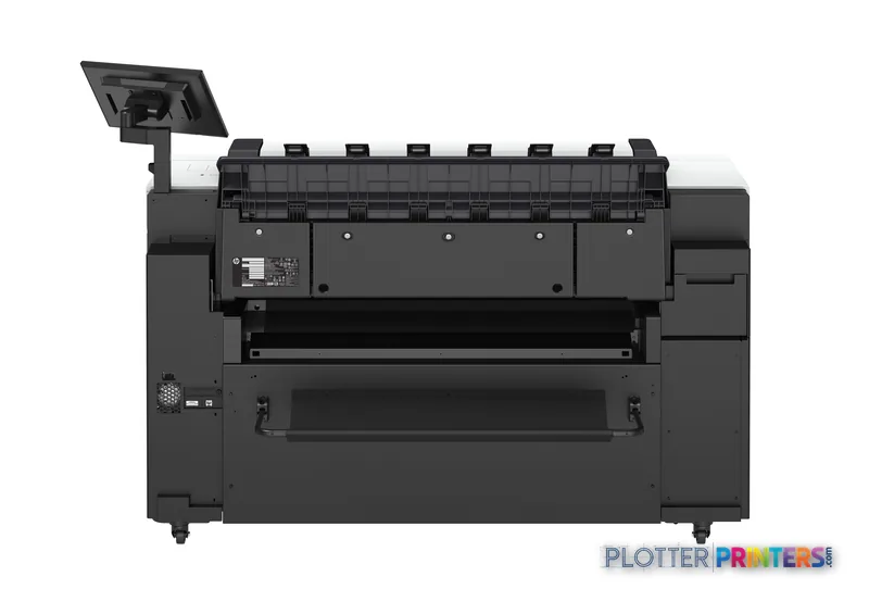 Rear view of HP DesignJet XL 3800 36-in multifunction printer showing output tray and ink cartridge system