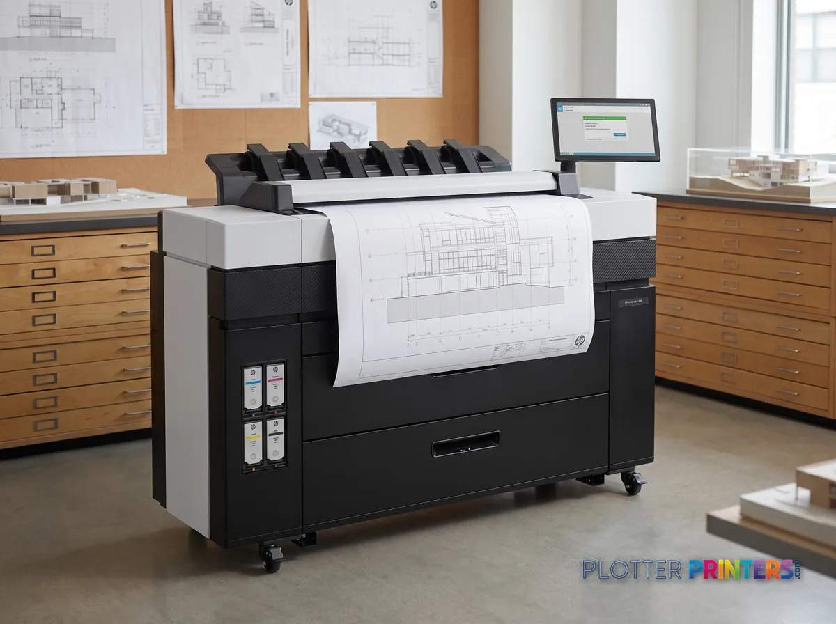 HP DesignJet XL 3800 MFP Printer in a plan room beside flat-file drawers, printing a CAD elevation (staged scene from manufacturer product photography)