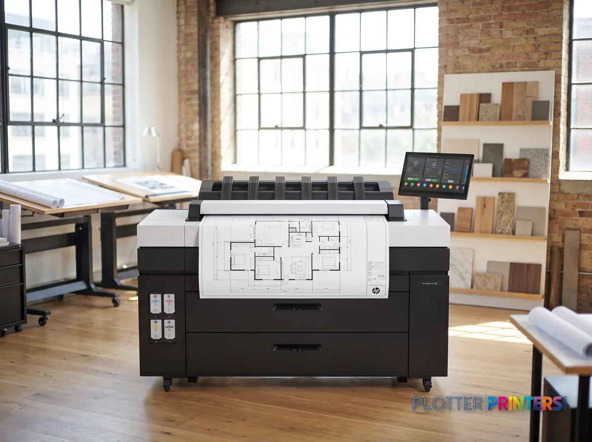 HP DesignJet XL 3800 MFP Printer in a bright architecture studio, printing a large floor plan (staged scene from manufacturer product photography)