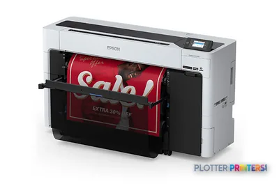 Epson SureColor SCT5770DM large format printer product image showing white and black inkjet printer with red fabric banner b…