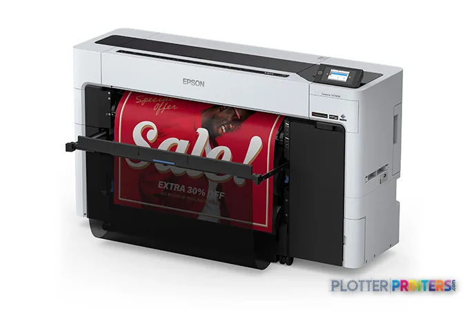 Epson SureColor SCT5770DM large format printer product image showing white and black inkjet printer with red fabric banner b…