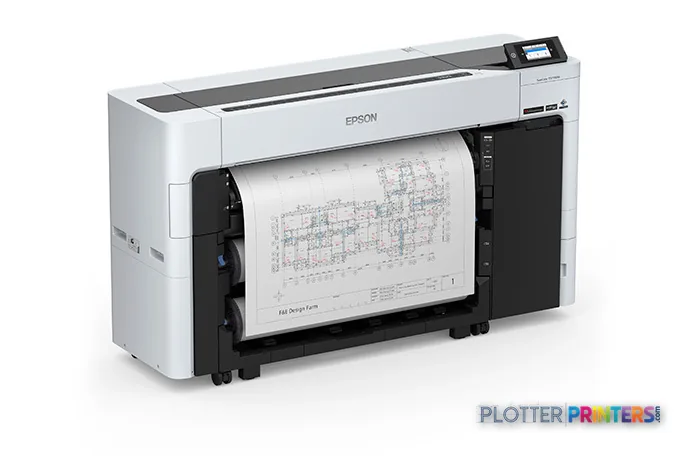 Epson SureColor SCT5770DM large-format inkjet printer with architectural blueprint loaded, showing white and black design