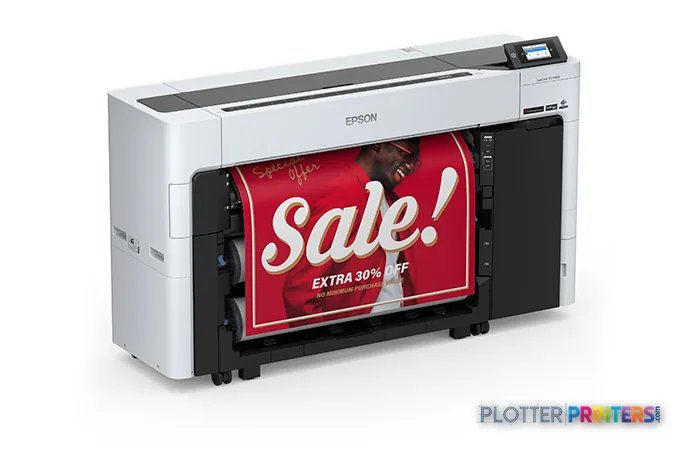 Epson SureColor SCT5770DM large-format printer product image showing white and black inkjet printer with red promotional ban…