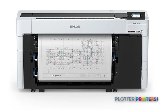 Epson SureColor SCT5770DM large format printer front view with architectural blueprint printed on paper