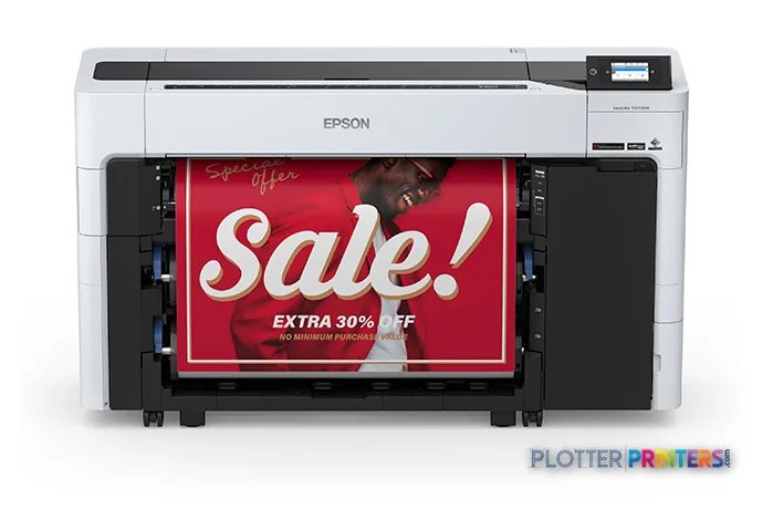 Epson SureColor SCT5770DM large format printer product image showing white and black inkjet printer with red promotional ban…