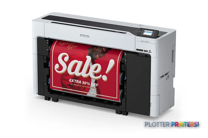 Epson SureColor SCT5770DM large format printer product image showing white and black inkjet printer with red banner print