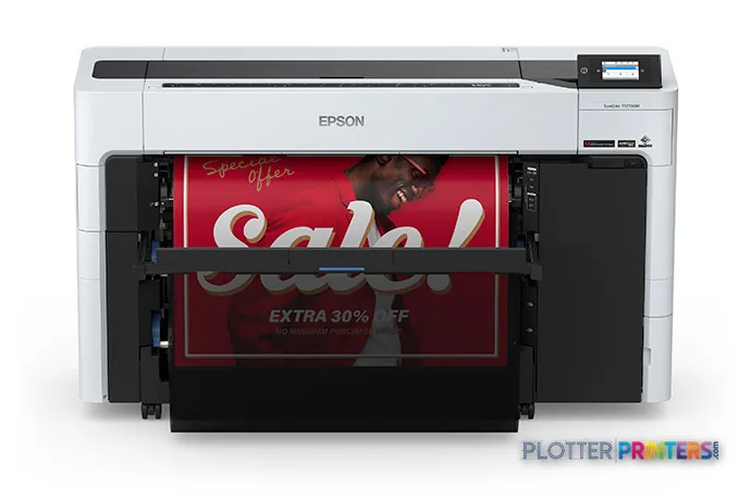 Epson SureColor SCT5770DM large format printer product image showing white and black inkjet printer with red promotional ban…