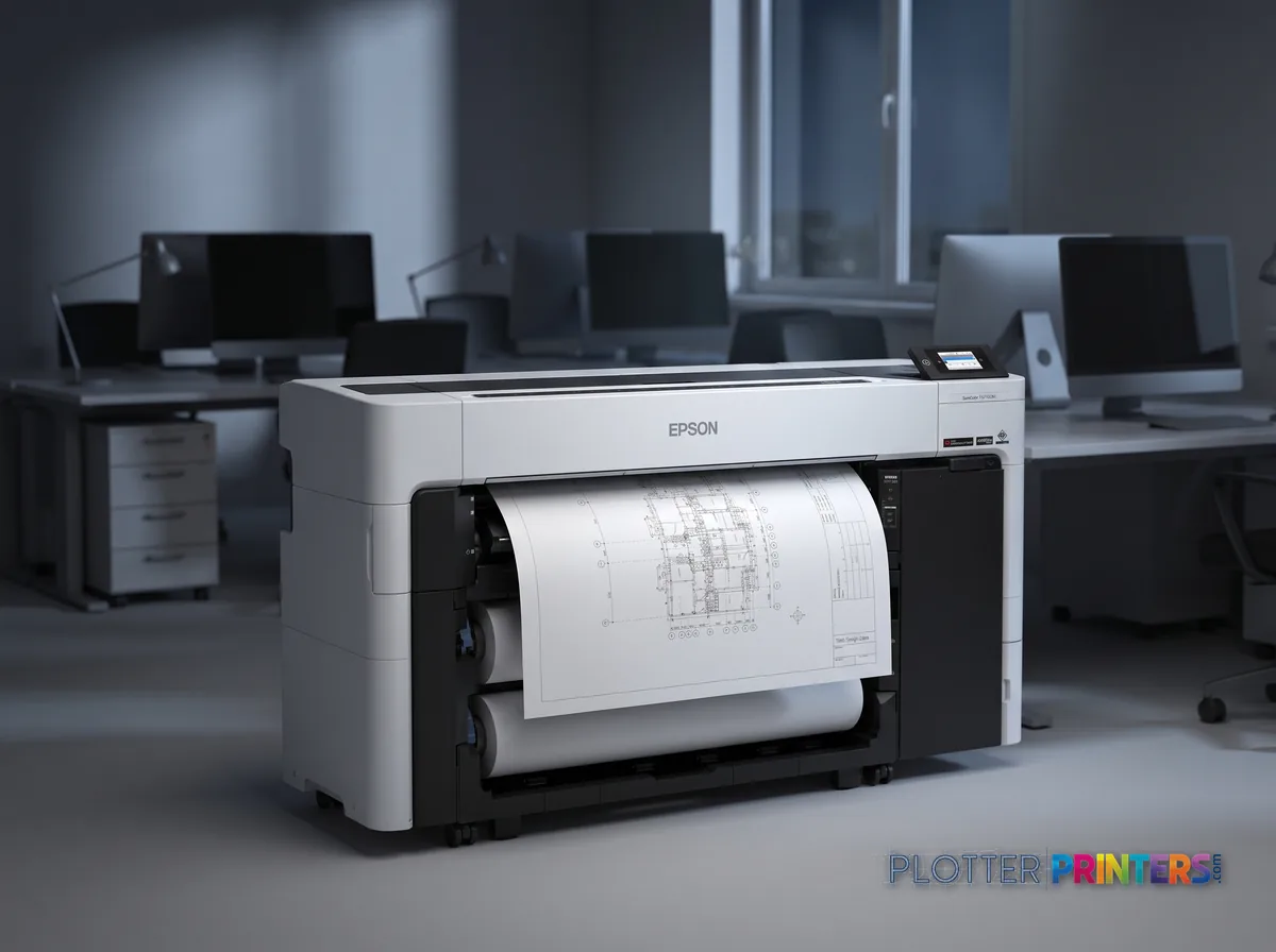 Epson SureColor SCT5770DM large format printer Wi-Fi Inkjet Colour 2400 x 1200 DPI A0 (841 x 1189 mm) Ethernet LAN in an engineering office with a technical drawing at its print slot (staged scene from manufacturer product photography)