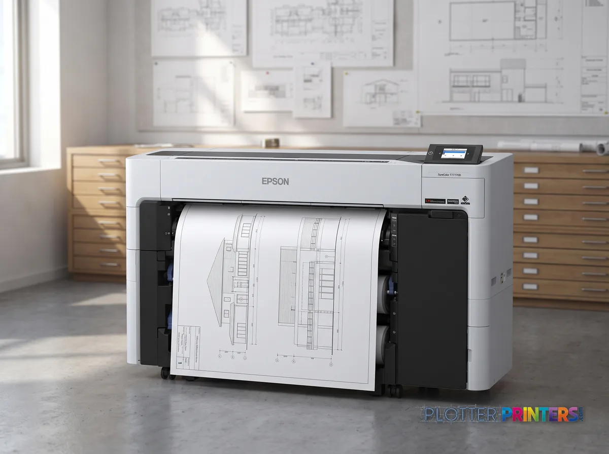 Epson SureColor SCT5770DM large format printer Wi-Fi Inkjet Colour 2400 x 1200 DPI A0 (841 x 1189 mm) Ethernet LAN in a plan room beside flat-file drawers, printing a CAD elevation (staged scene from manufacturer product photography)