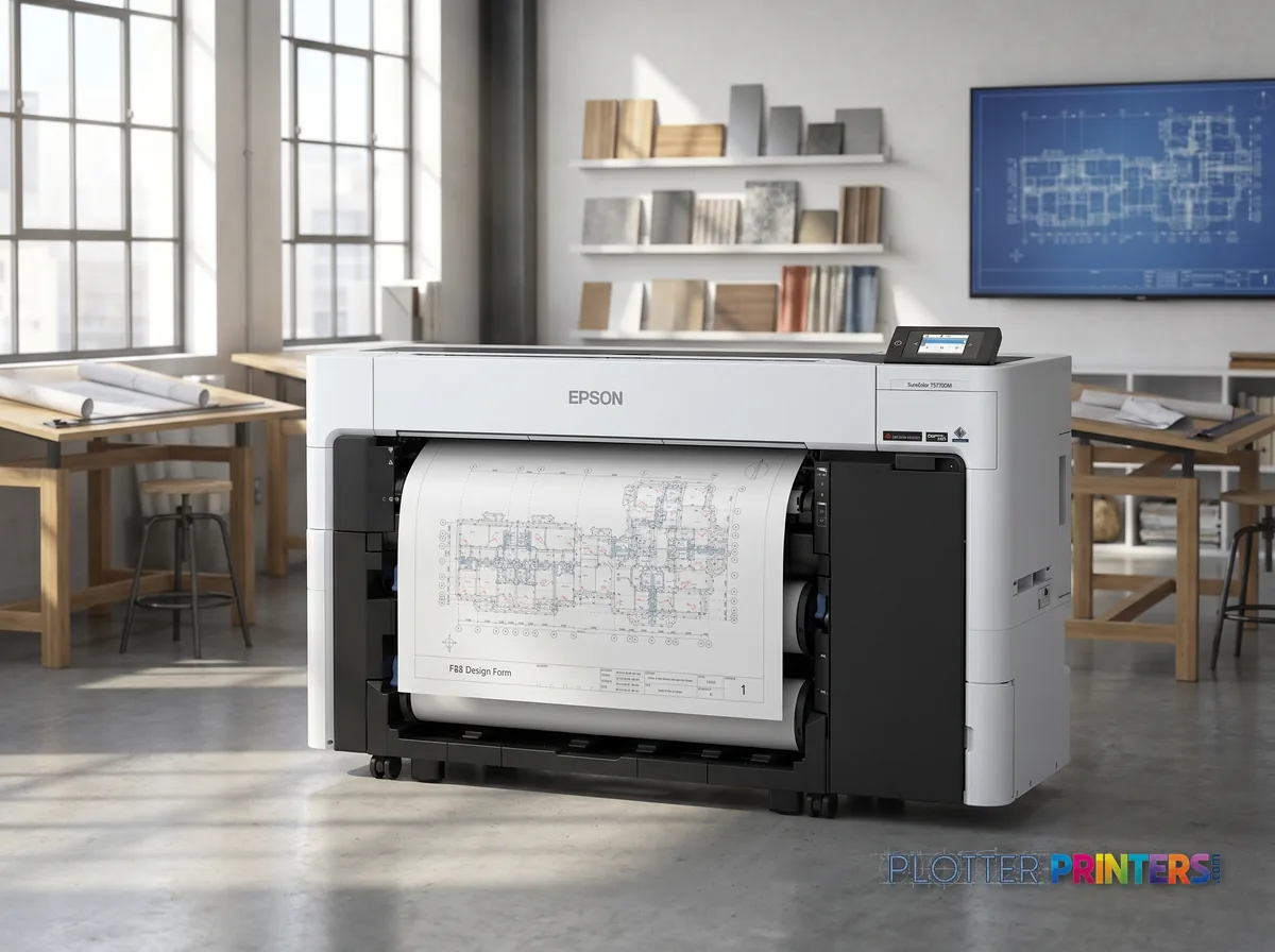 Epson SureColor SCT5770DM large format printer Wi-Fi Inkjet Colour 2400 x 1200 DPI A0 (841 x 1189 mm) Ethernet LAN in a bright architecture studio, printing a large floor plan (staged scene from manufacturer product photography)