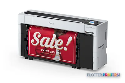 Epson SureColor T7770DM large-format printer product image showing white and black inkjet printer with red sale banner output