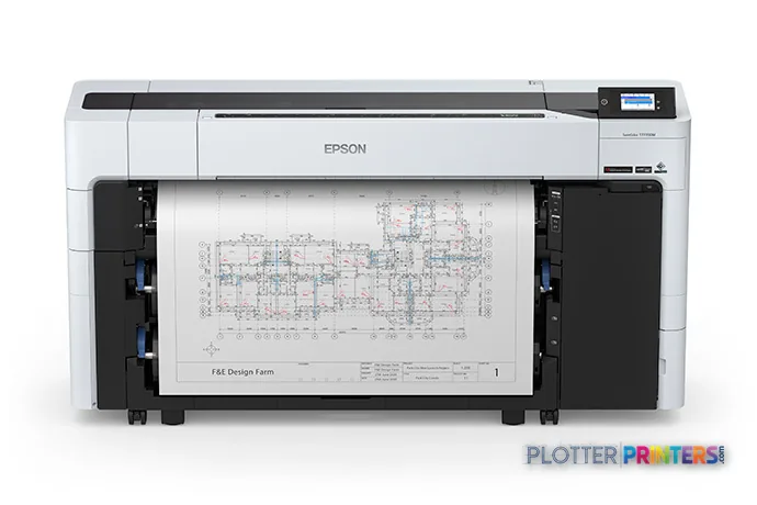 Epson SureColor T7770DM large format printer front view with technical drawing printed on white paper
