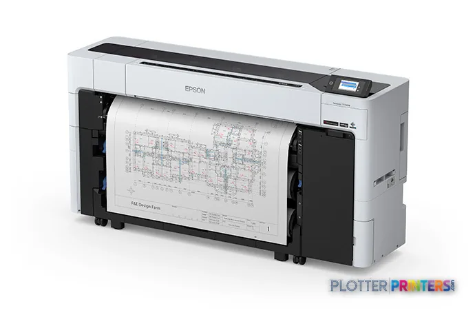 Epson SureColor T7770DM large-format printer product image showing white and black inkjet printer with technical drawing loa…