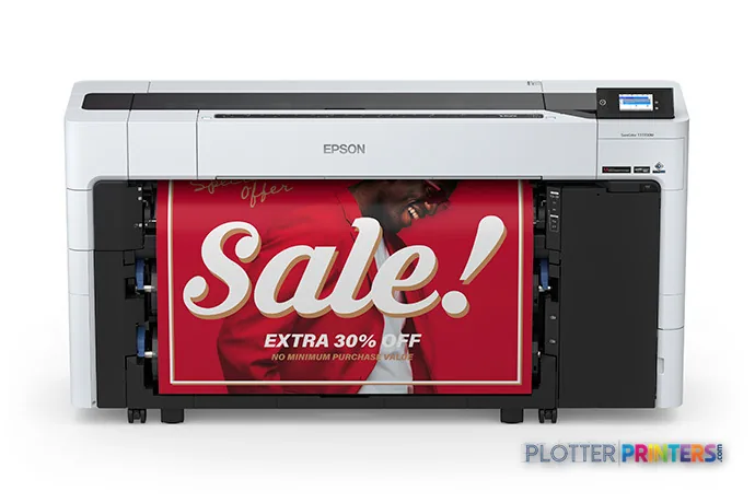 Epson SureColor T7770DM large format printer product image showing white and black inkjet printer with red sale banner print…