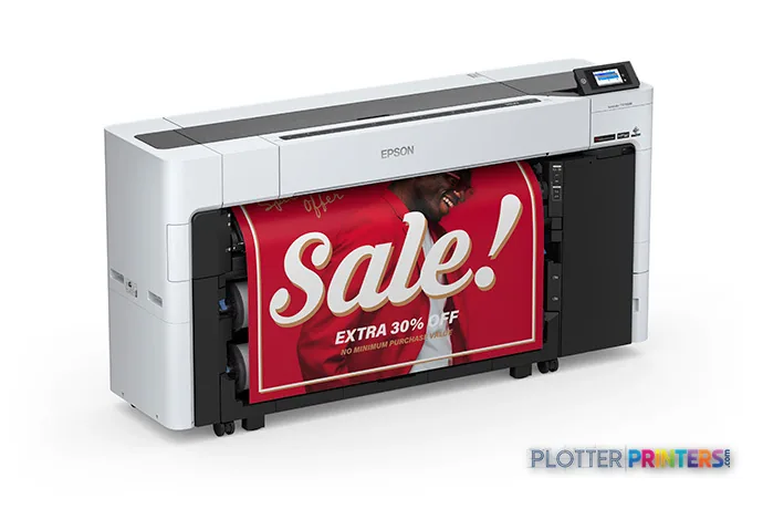 Epson SureColor T7770DM large format printer product image showing white and black inkjet printer with red promotional banner