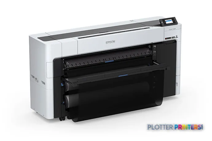 Epson SureColor T7770DM large format printer product image showing white and black inkjet printer with open paper feed tray