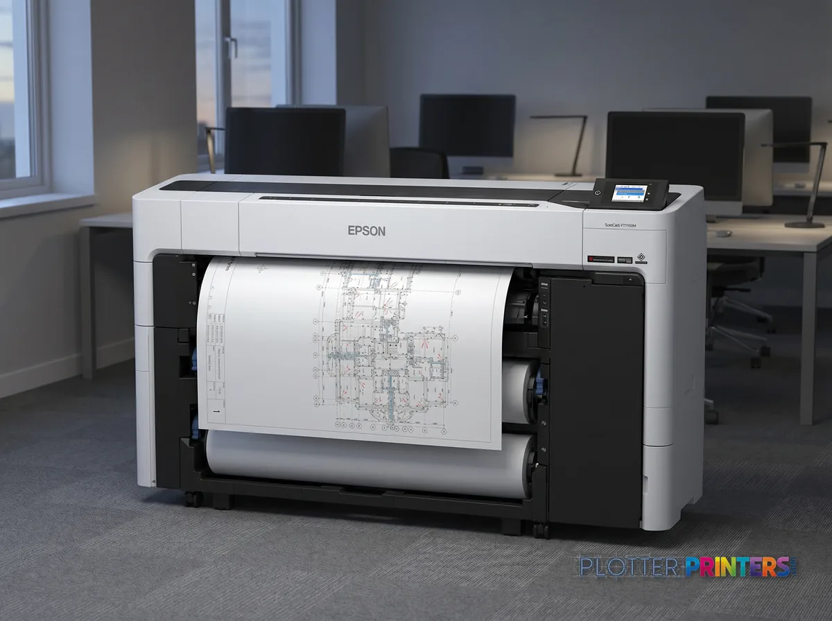 Epson SureColor T7770DM 44-in Wide-Format MFP in an engineering office with a technical drawing at its print slot (staged scene from manufacturer product photography)