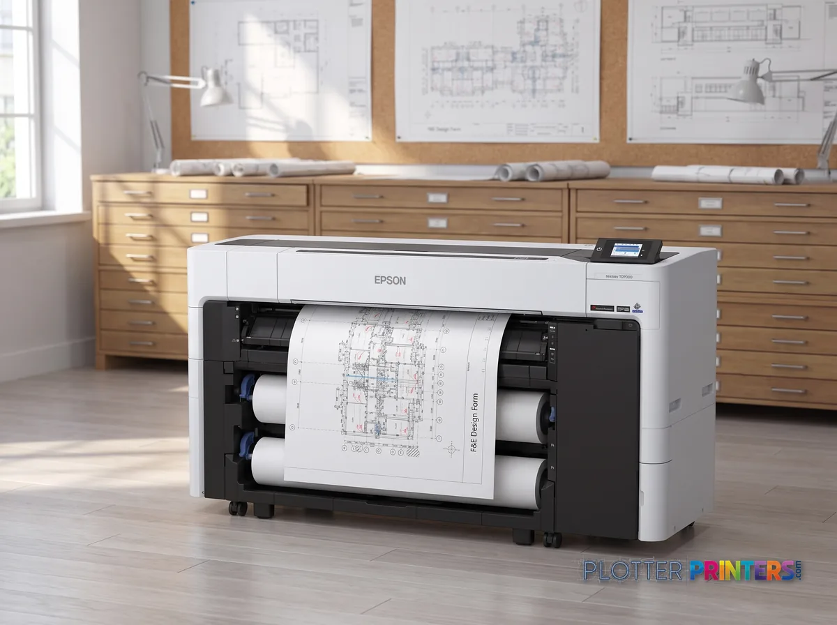 Epson SureColor T7770DM 44-in Wide-Format MFP in a plan room beside flat-file drawers, printing a CAD elevation (staged scene from manufacturer product photography)