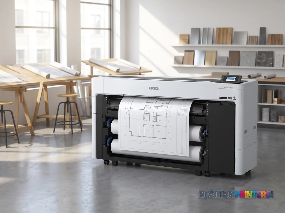 Epson SureColor T7770DM 44-in Wide-Format MFP in a bright architecture studio, printing a large floor plan (staged scene from manufacturer product photography)
