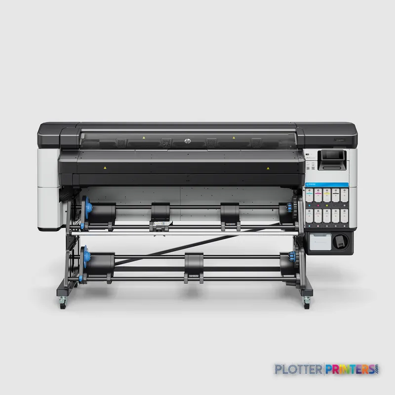 HP Latex 335 Print Cut+Solution large-format printer product detail view showing black and white machine with dual roll feed…