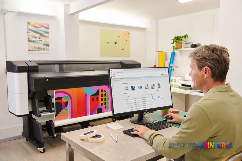 HP Latex 335 Print Cut+Solution large format printer in lifestyle setting with colorful print output visible