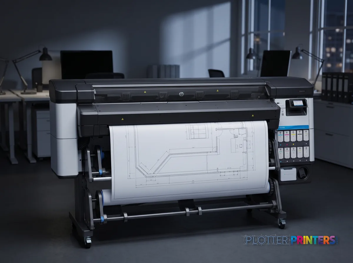 HP Latex 335 Print & Cut Plus Solution in an engineering office with a technical drawing at its print slot (staged scene from manufacturer product photography)