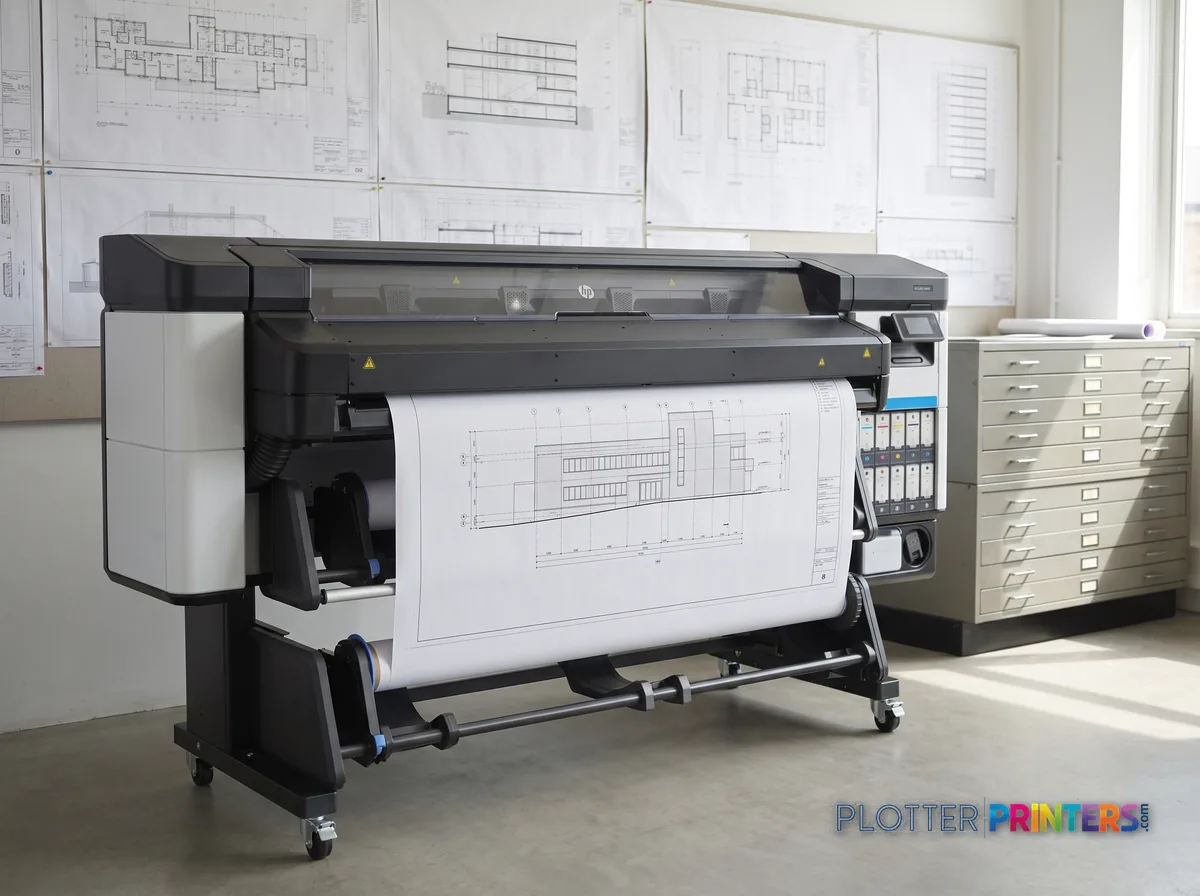 HP Latex 335 Print & Cut Plus Solution in a plan room beside flat-file drawers, printing a CAD elevation (staged scene from manufacturer product photography)