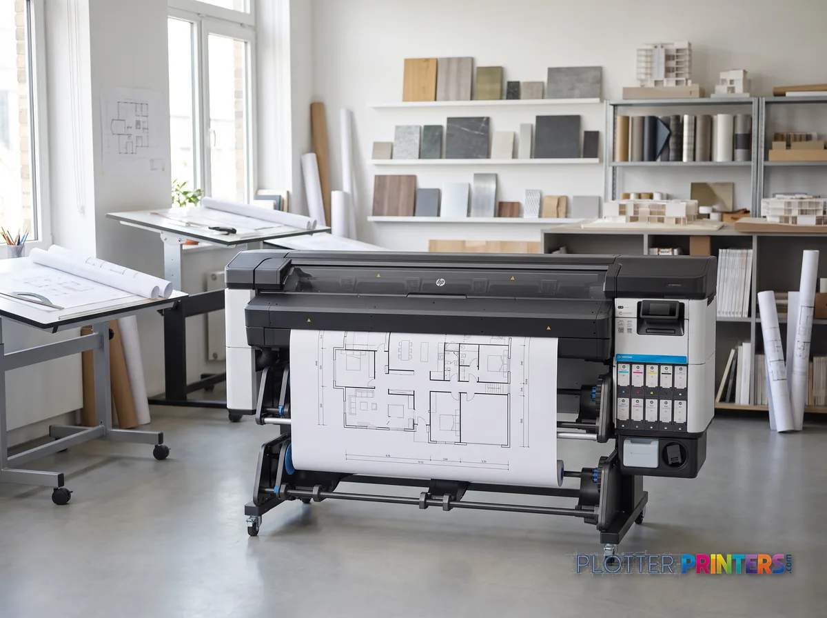 HP Latex 335 Print & Cut Plus Solution in a bright architecture studio, printing a large floor plan (staged scene from manufacturer product photography)