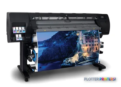 HP Designjet L26500 large format printer product image showing black thermal inkjet printer with colorful output sample