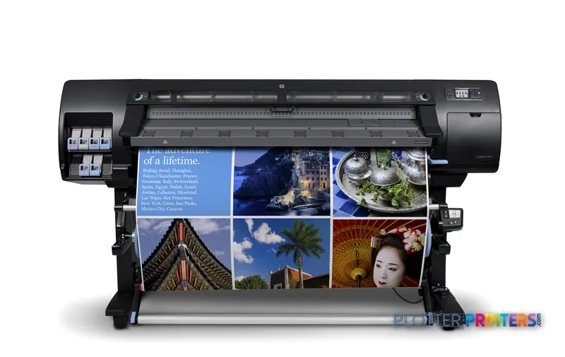HP Designjet L26500 large-format printer product image showing the device printing colorful photo samples
