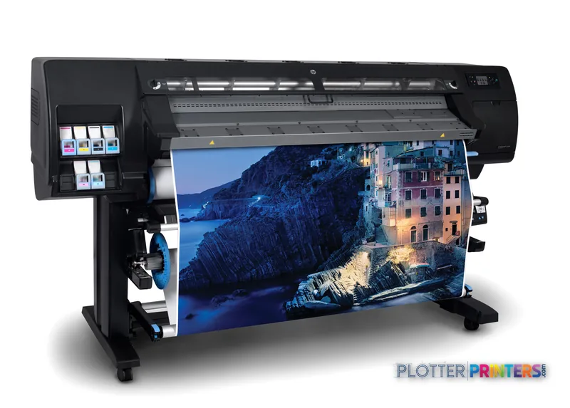 HP Designjet L26500 large format printer product image showing black thermal inkjet printer with colorful output sample
