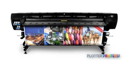 HP Latex 280 104-in Printer product image showing the printer with colorful sample prints displayed