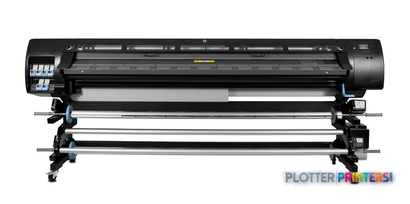 HP Latex 280 104-in Printer front product view showing black printer body with ink cartridges and media rollers