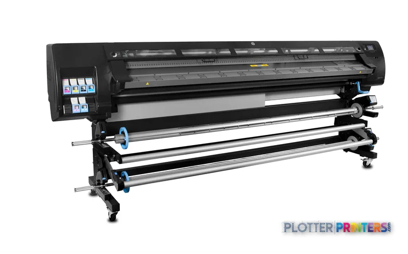 HP Latex 280 104-in Printer product image showing black wide-format printer with ink cartridges and dual media rolls