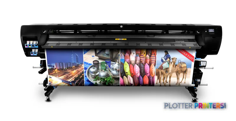 HP Latex 280 104-in Printer product image showing the printer with colorful sample prints displayed