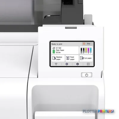 Canon imagePROGRAF TM-340 product image showing touchscreen display with ready to print status and ink cartridges