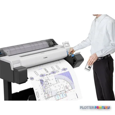 Canon imagePROGRAF TM-340 large format printer product image showing white and black printer with user holding printed archi…