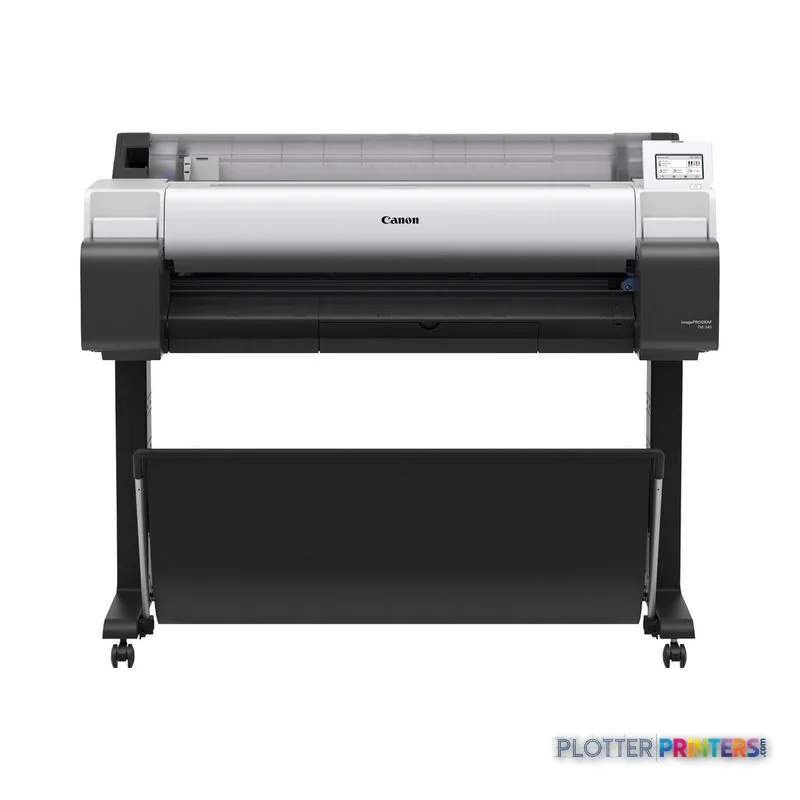 Canon imagePROGRAF TM-340 large format printer product image, front view showing white and black design with roll feed