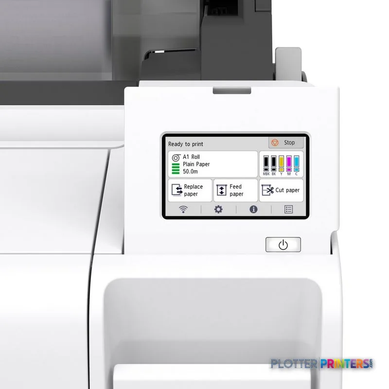 Canon imagePROGRAF TM-340 product image showing touchscreen display with ready to print status and ink cartridges