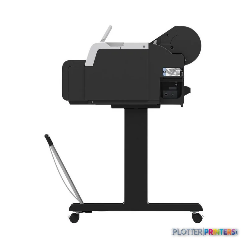 Canon imagePROGRAF TM-340 large format printer product image showing black and white device on stand with roll feed